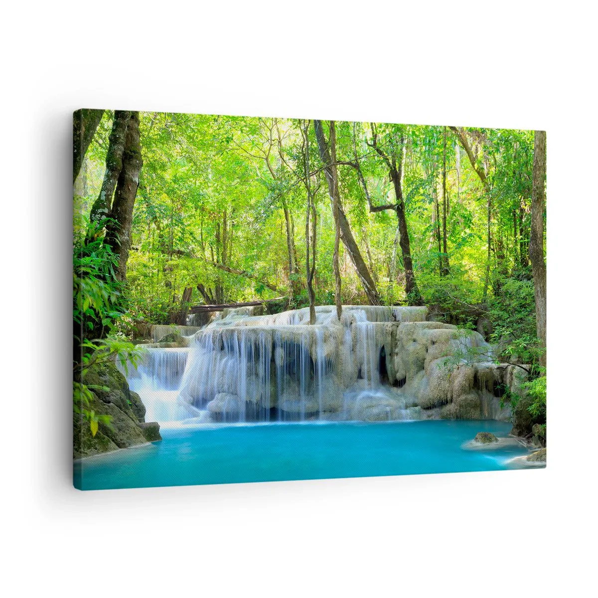 Impression sur toile - Image sur toile - Une cascade parmi des arbres verts avec de l'eau bleue dans un cadre naturel - 70x50cm - Se noyer dans le turquoise et le vert - Décoration murale moderne pour le salon et la chambre ARTTOR