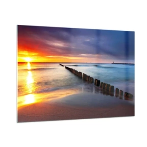 Impression sur verre - Image sur verre - Coucher de soleil sur la mer avec des brise-lames en bois - 100x70cm - Ecoute le silence - Décoration murale moderne pour le salon et la chambre ARTTOR