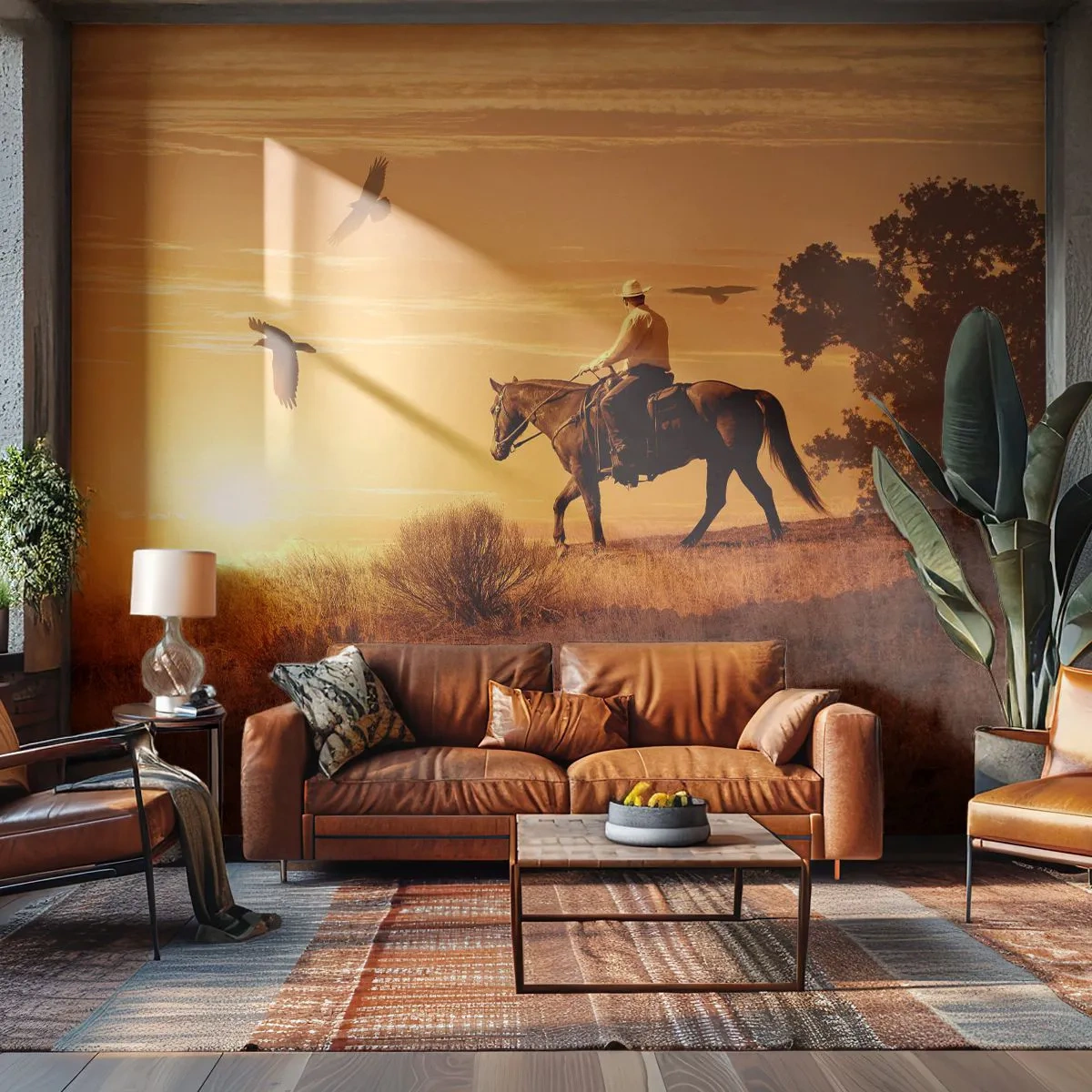 Papier Peint Photo Premium Canvas - Seul à travers la prairie - Cheval, Cow-boy, Paysage - 250x175 cm