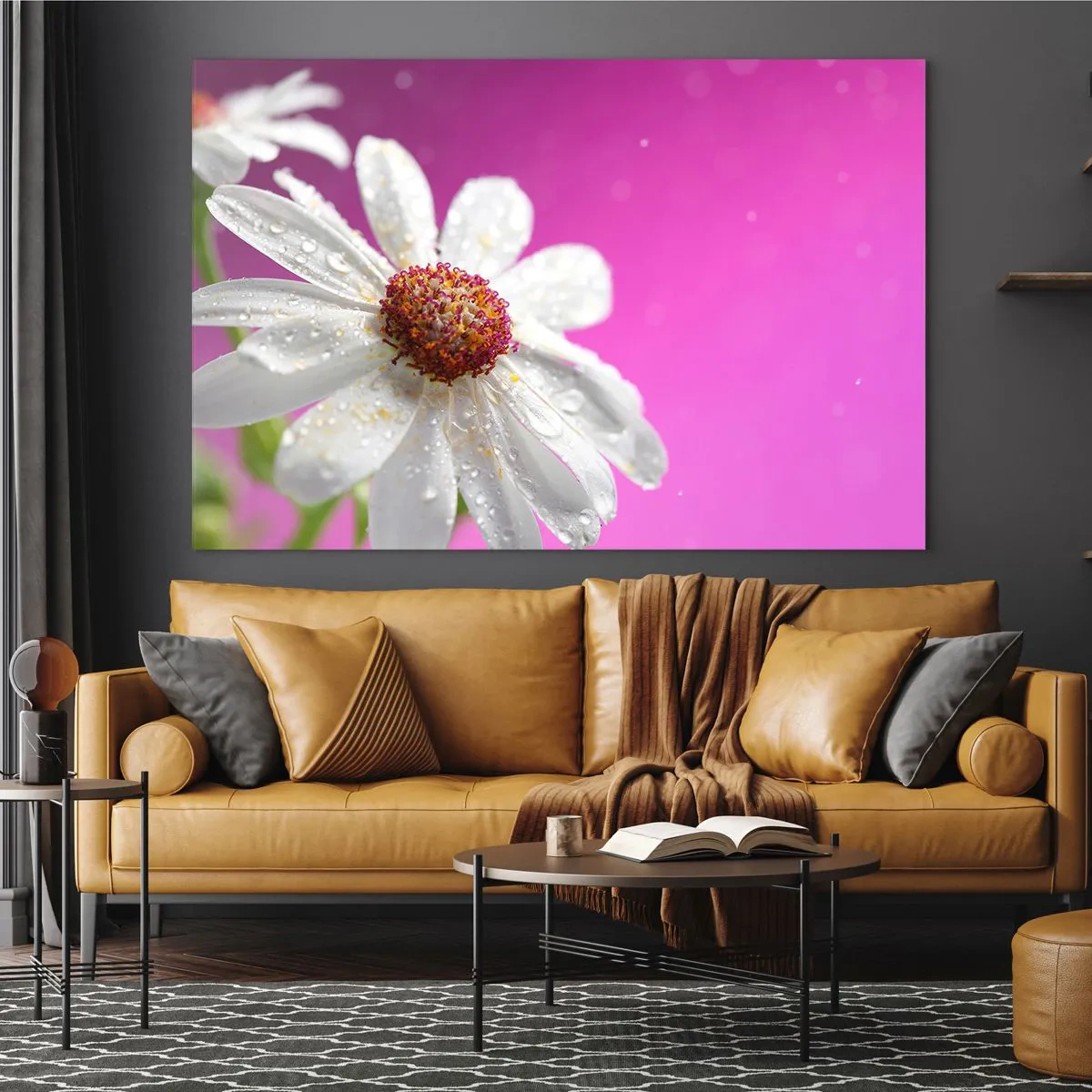 Impression sur verre - Image sur verre - Macrophotographie d'une fleur blanche avec des gouttes de rosée sur un fond rose - 70x50cm - Modeste dans sa beauté - Décoration murale moderne pour le salon et la chambre ARTTOR