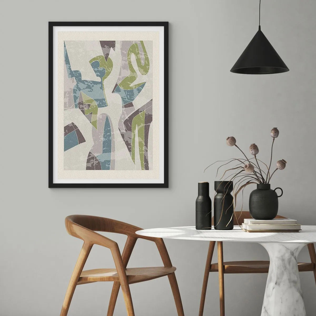 Affiche dans un cadre noir - Poster - Figures abstraites dans les tons de vert et de bleu - 50x70cm - Composition derrière la vitre - Décoration murale moderne pour le salon et la chambre ARTTOR