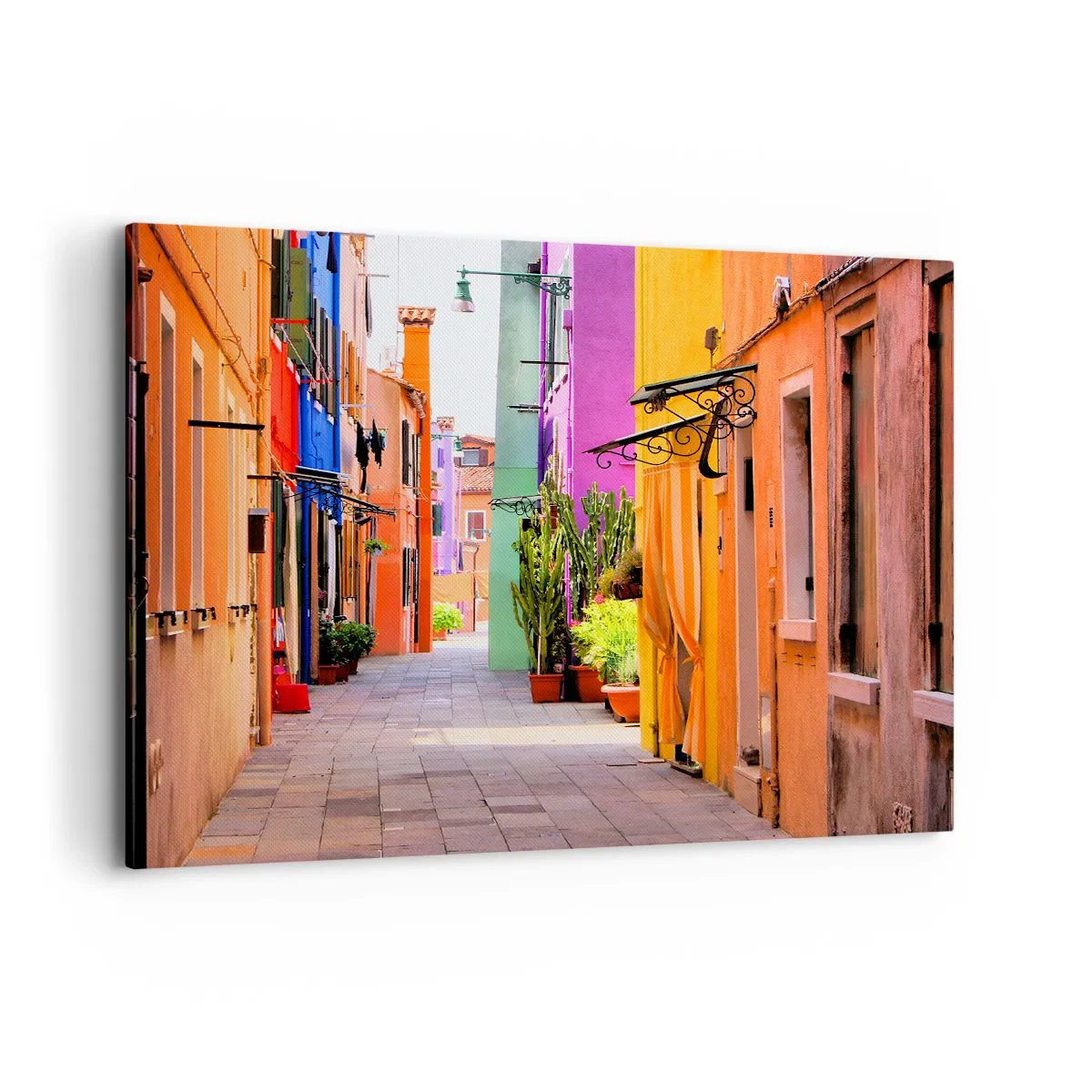 Impression sur toile - Image sur toile - Une rue colorée avec des immeubles aux tons clairs - 100x70cm - Allée arc-en-ciel - Décoration murale moderne pour le salon et la chambre ARTTOR