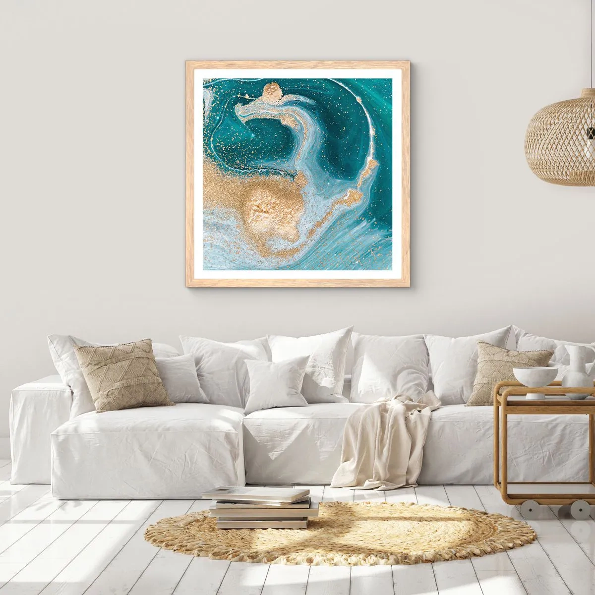 Affiche dans un chêne clair - Poster - Tourbillon d'or et de turquoise - 60x60 cm