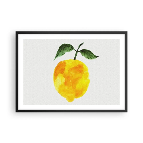 Affiche dans un cadre noir - Poster - Citron aquarelle avec des feuilles vertes sur fond clair - 70x50cm - Comment reconnaitre le goût du soleil - Décoration murale moderne pour le salon et la chambre ARTTOR