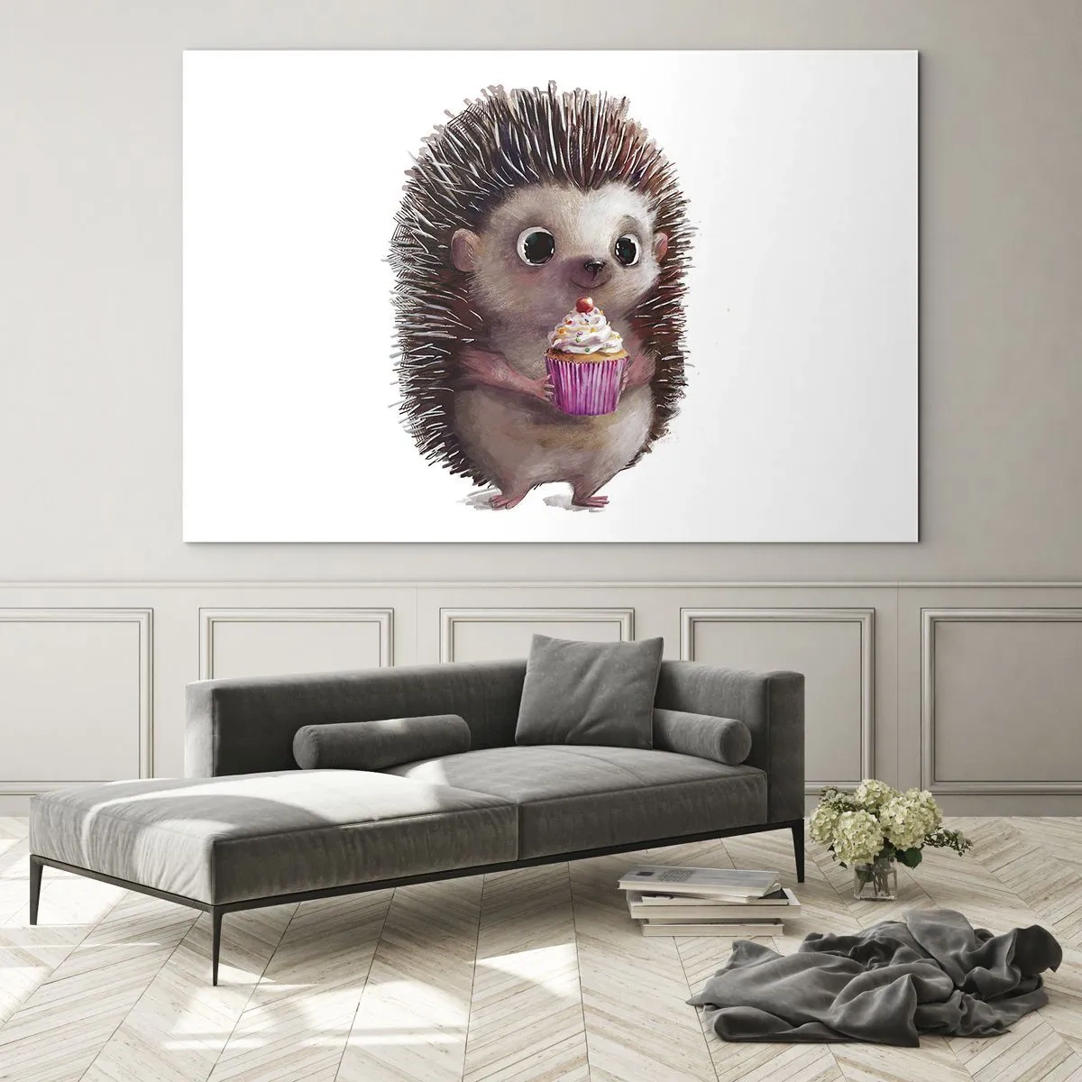Impression sur verre - Image sur verre - Un hérisson mignon avec un cupcake sur fond blanc - 70x50cm - La fête c'est tous les jours - Décoration murale moderne pour le salon et la chambre ARTTOR