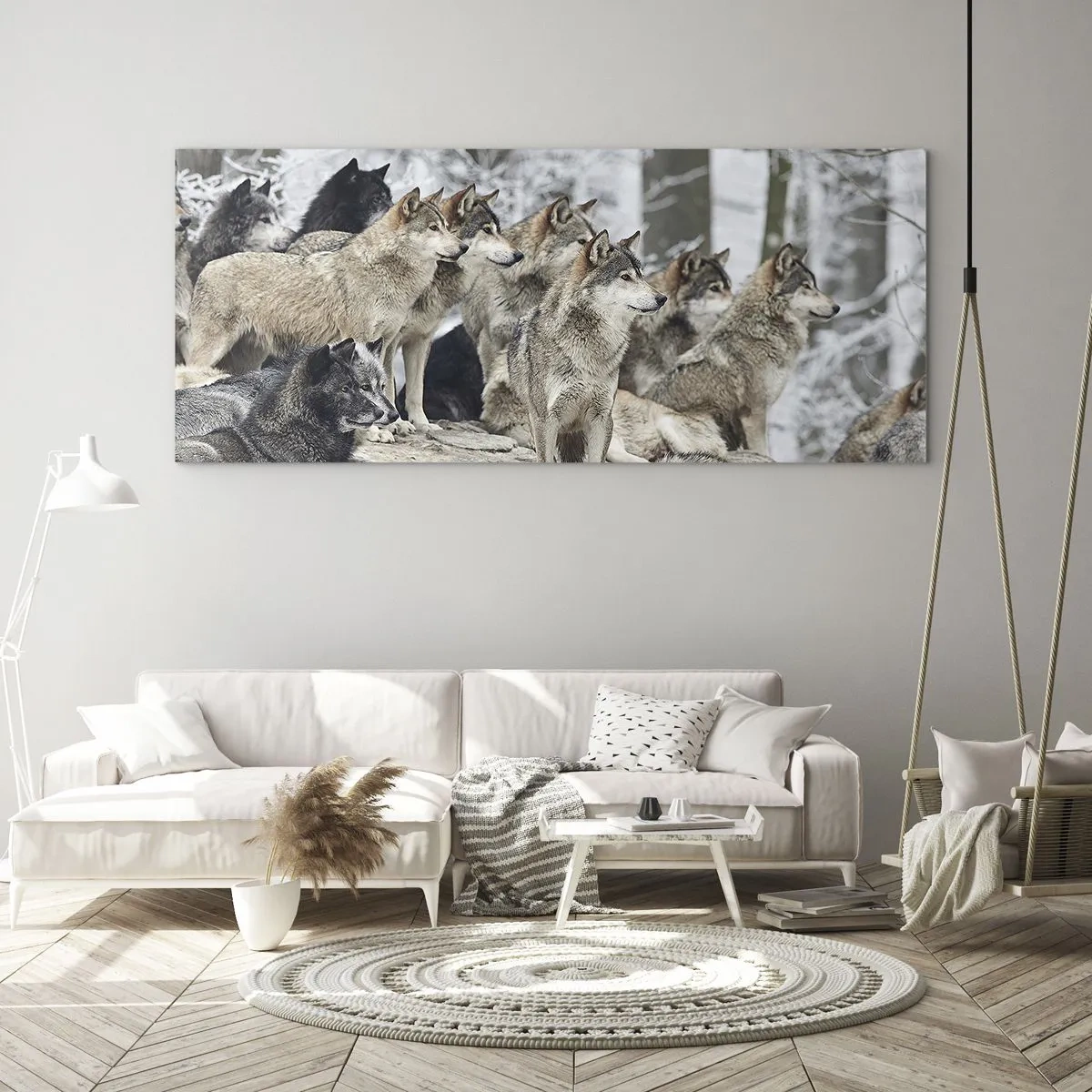 Impression sur verre - Image sur verre - Une meute de loups dans la forêt d'hiver - 120x50cm - Famille et amis - Décoration murale moderne pour le salon et la chambre ARTTOR