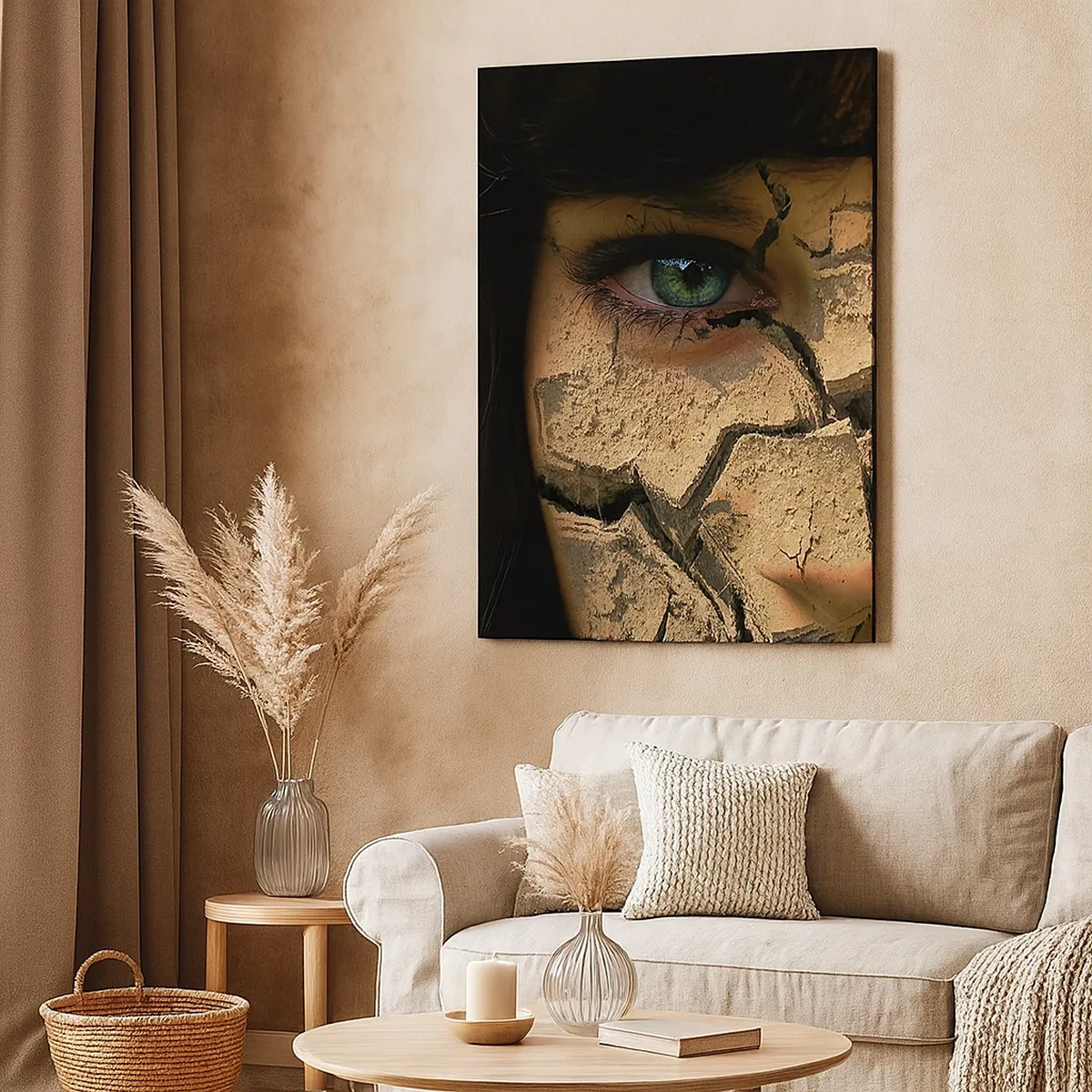 Impression sur toile - Image sur toile - Le visage d'une femme aux yeux verts recouvert d'une structure de terre craquelée - 50x70cm - Plaisir et effroi en même temps - Décoration murale moderne pour le salon et la chambre ARTTOR