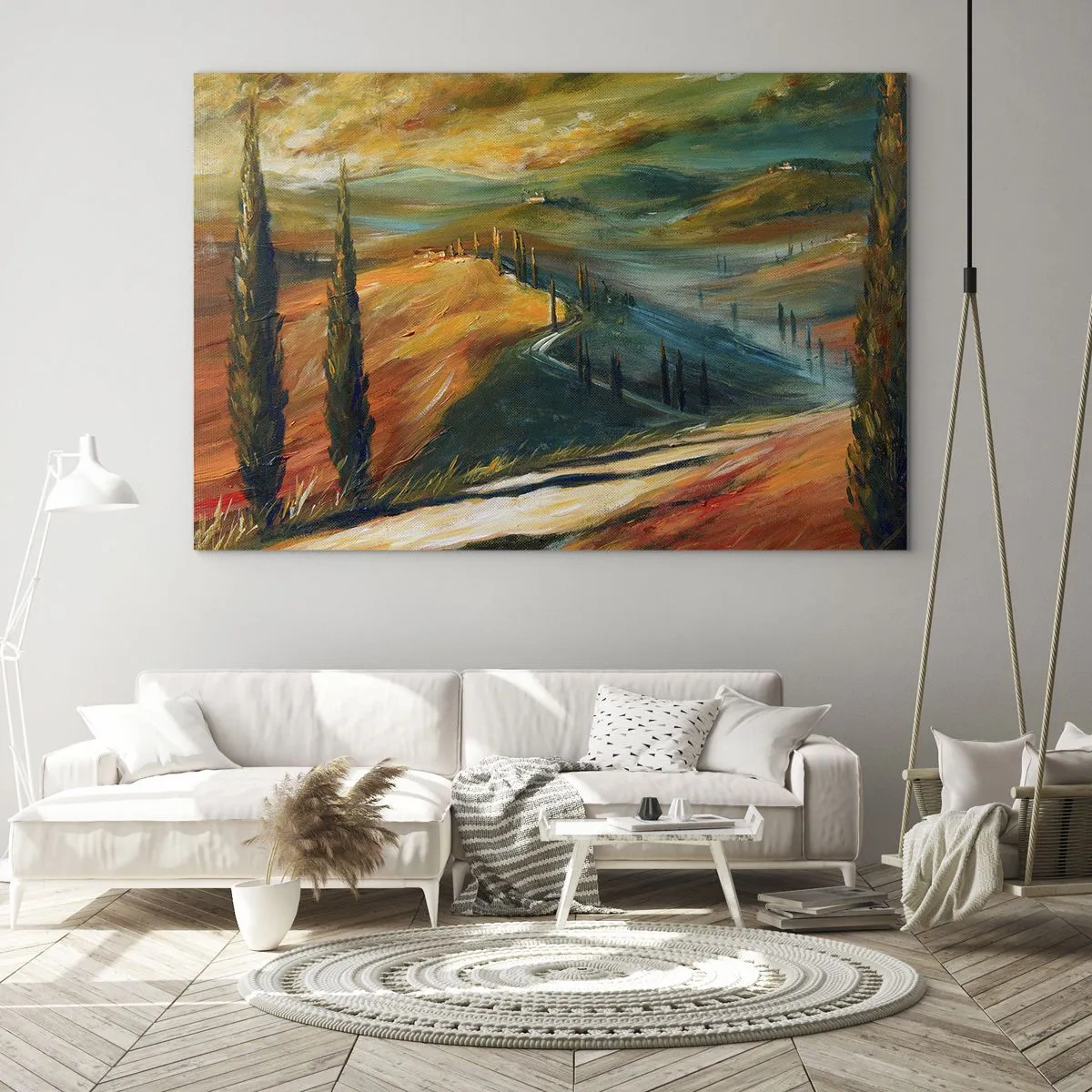 Impression sur verre - Image sur verre - Coucher de soleil sur une colline toscane - 70x50cm - paysage toscan - Décoration murale moderne pour le salon et la chambre ARTTOR