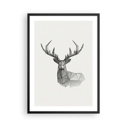 Affiche dans un cadre noir - Poster - Silhouette géométrique d'un cerf en noir et blanc - 50x70cm - Cerf dans un style cubique - Décoration murale moderne pour le salon et la chambre ARTTOR