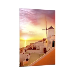 Impression sur verre - Image sur verre - Santorin au coucher du soleil avec un moulin à vent - 70x100cm - Fondre en blanc et or - Décoration murale moderne pour le salon et la chambre ARTTOR