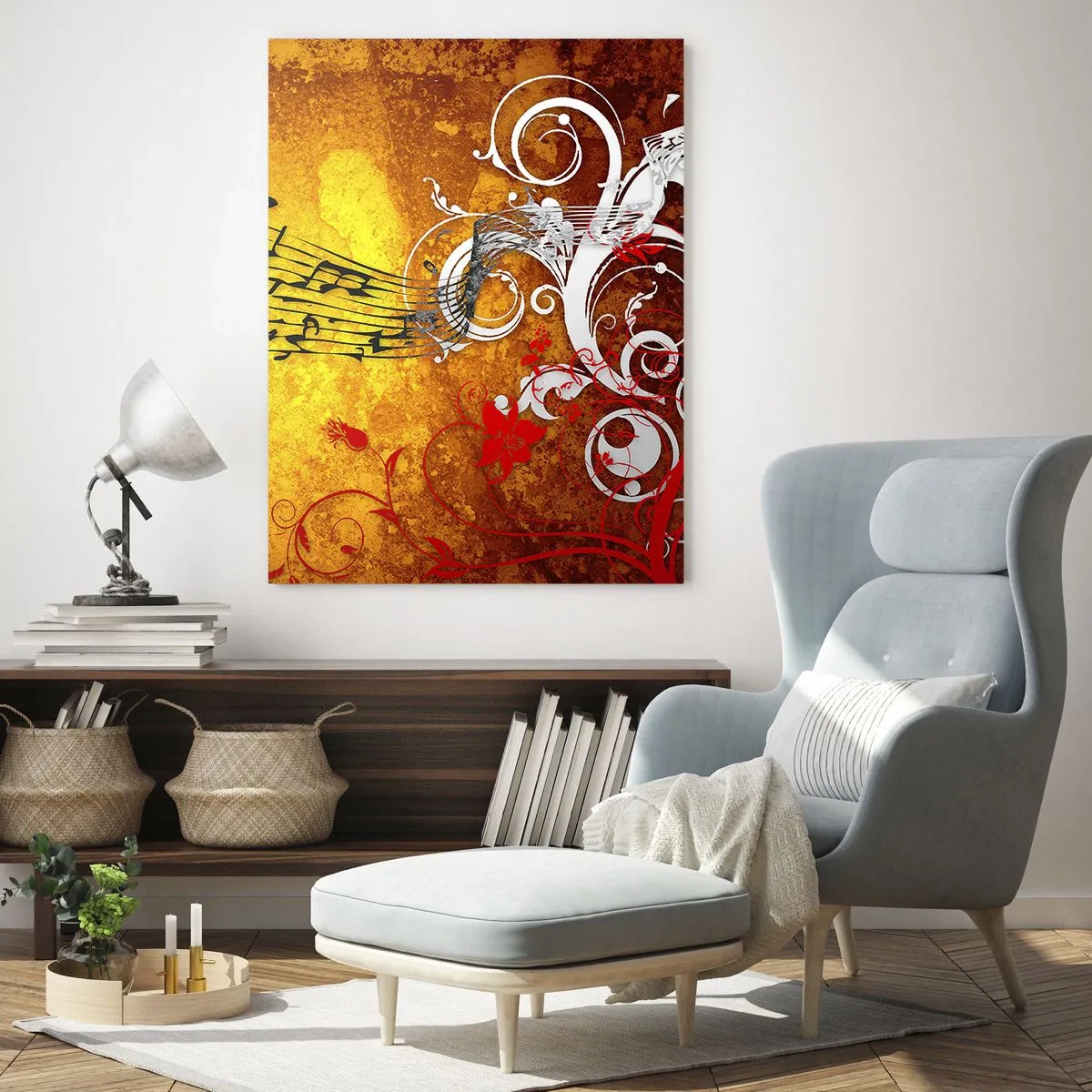 Impression sur verre - Image sur verre - Motifs musicaux sur fond d'ornements dorés - 50x70cm - Que la musique coule - Décoration murale moderne pour le salon et la chambre ARTTOR