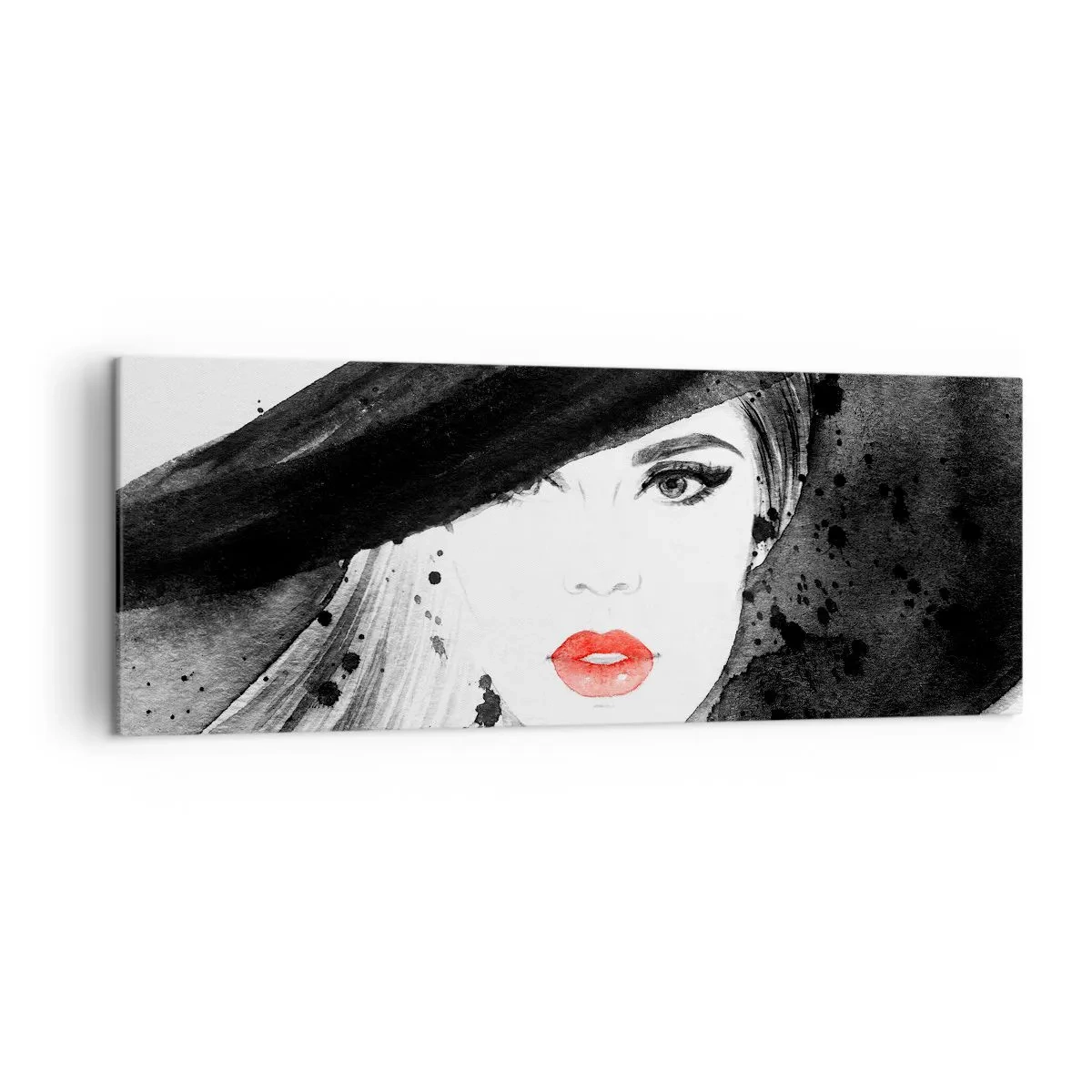 Impression sur toile - Image sur toile - Portrait d'une femme au chapeau et aux lèvres rouges - 140x50cm - Dame en noir - Décoration murale moderne pour le salon et la chambre ARTTOR