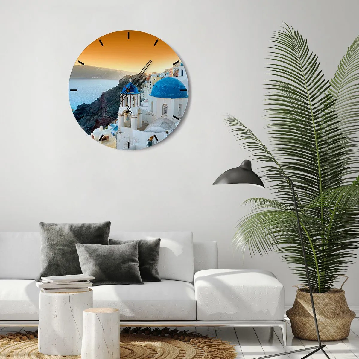 Horloge murale - Pendule murale - Santorin avec vue sur la mer au coucher du soleil - 30x30cm - Santorin - blotti contre les rochers - Décoration murale moderne pour le salon, la cuisine et la chambre ARTTOR
