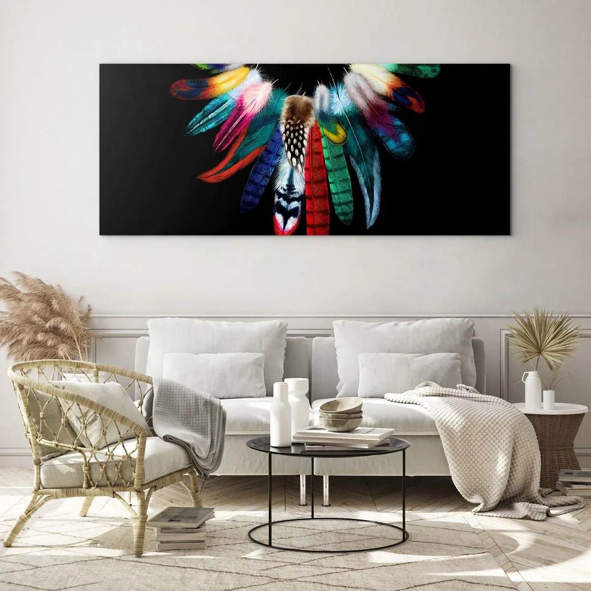 Impression sur verre - Image sur verre - Plumes colorées sur fond noir dans une composition artistique - 160x50cm - Collier indien - Décoration murale moderne pour le salon et la chambre ARTTOR