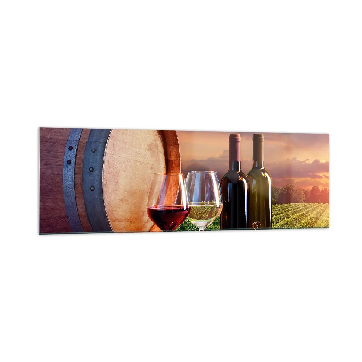 Impression sur verre - Image sur verre - Du vin, des verres et un tonneau dans un paysage pittoresque - 160x50cm - Ici la vie a du goût - Décoration murale moderne pour le salon et la chambre ARTTOR
