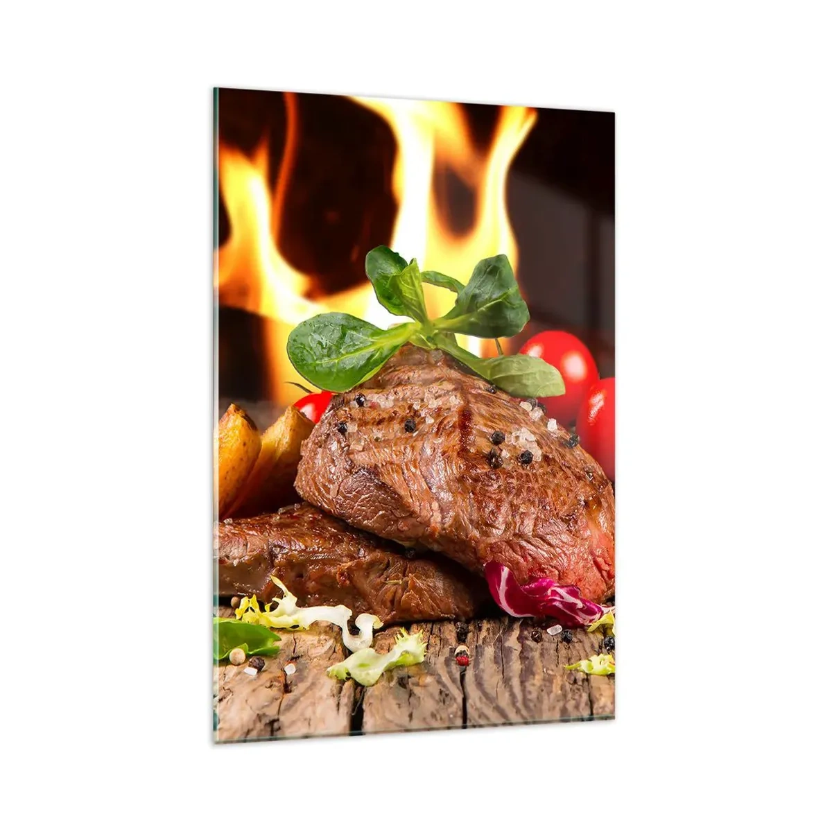 Impression sur verre - Image sur verre - Steak grillé avec accompagnements sur fond de flammes - 80x120cm - Ensorcelé par la braise - Décoration murale moderne pour le salon et la chambre ARTTOR