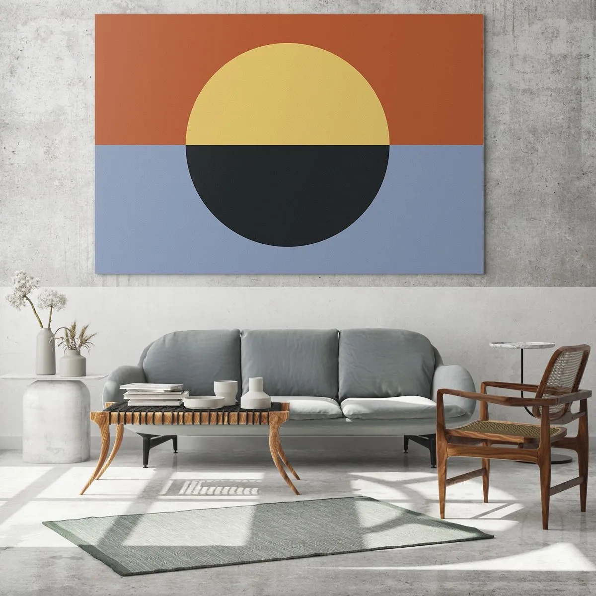 Impression sur verre - Image sur verre - Composition abstraite avec un cercle dans des tons chauds et froids - 100x70cm - Composition de chaleur et de fraîcheur - Décoration murale moderne pour le salon et la chambre ARTTOR