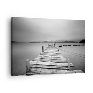Impression sur toile - Image sur toile - Une vue en noir et blanc d'une jetée en bois et d'un lac calme. - 70x50cm - Derrière les montagnes, au-delà des mers - Décoration murale moderne pour le salon et la chambre ARTTOR