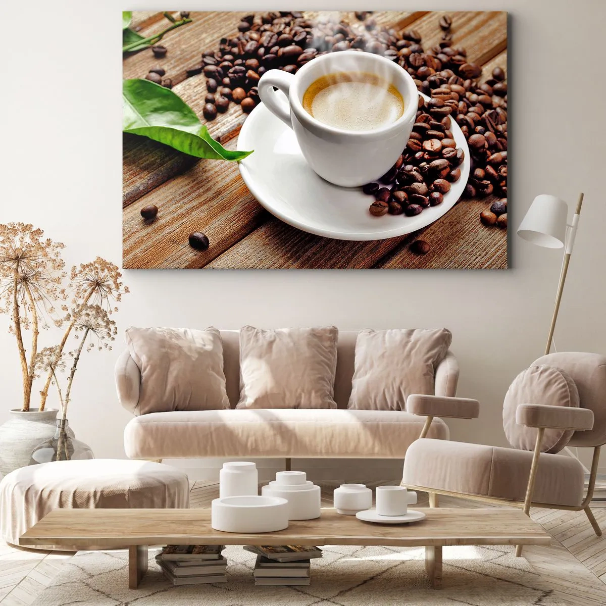 Impression sur toile - Image sur toile - Une tasse de café aromatique sur fond de grains et d'une feuille - 70x50cm - Café sur un banc - Décoration murale moderne pour le salon et la chambre ARTTOR