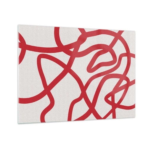 Impression sur verre - Image sur verre - Lignes rouges tourbillonnant dynamiquement sur un fond blanc - 70x50cm - Rouge sur blanc - Décoration murale moderne pour le salon et la chambre ARTTOR