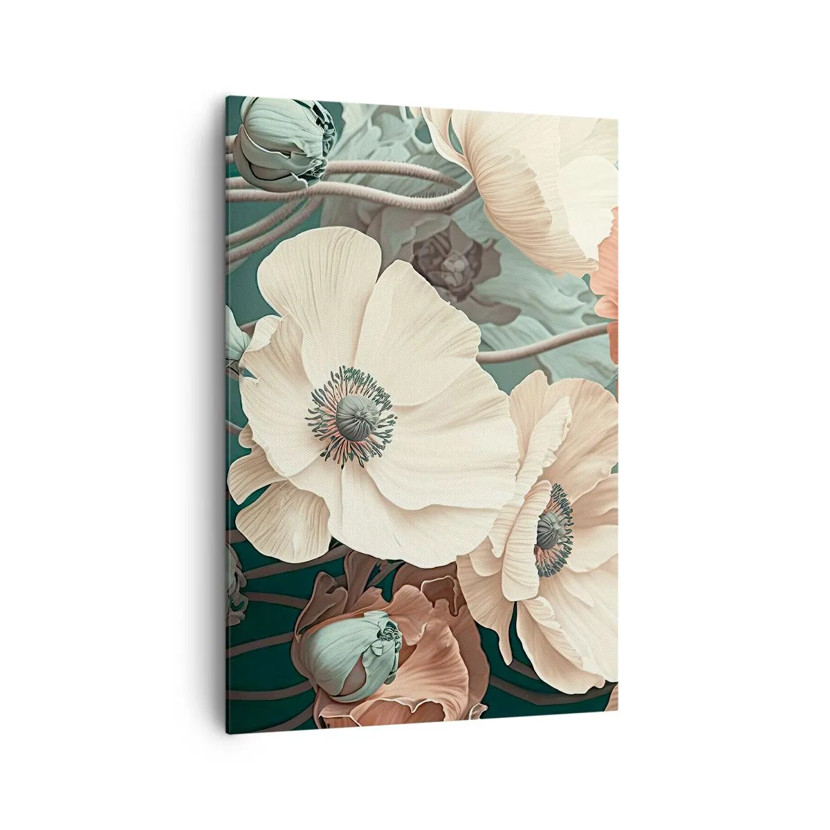 Impression sur toile - Image sur toile - Fleurs élégantes aux tons pastel sur fond vert - 70x100cm - Le murmure des coquelicots - Décoration murale moderne pour le salon et la chambre ARTTOR