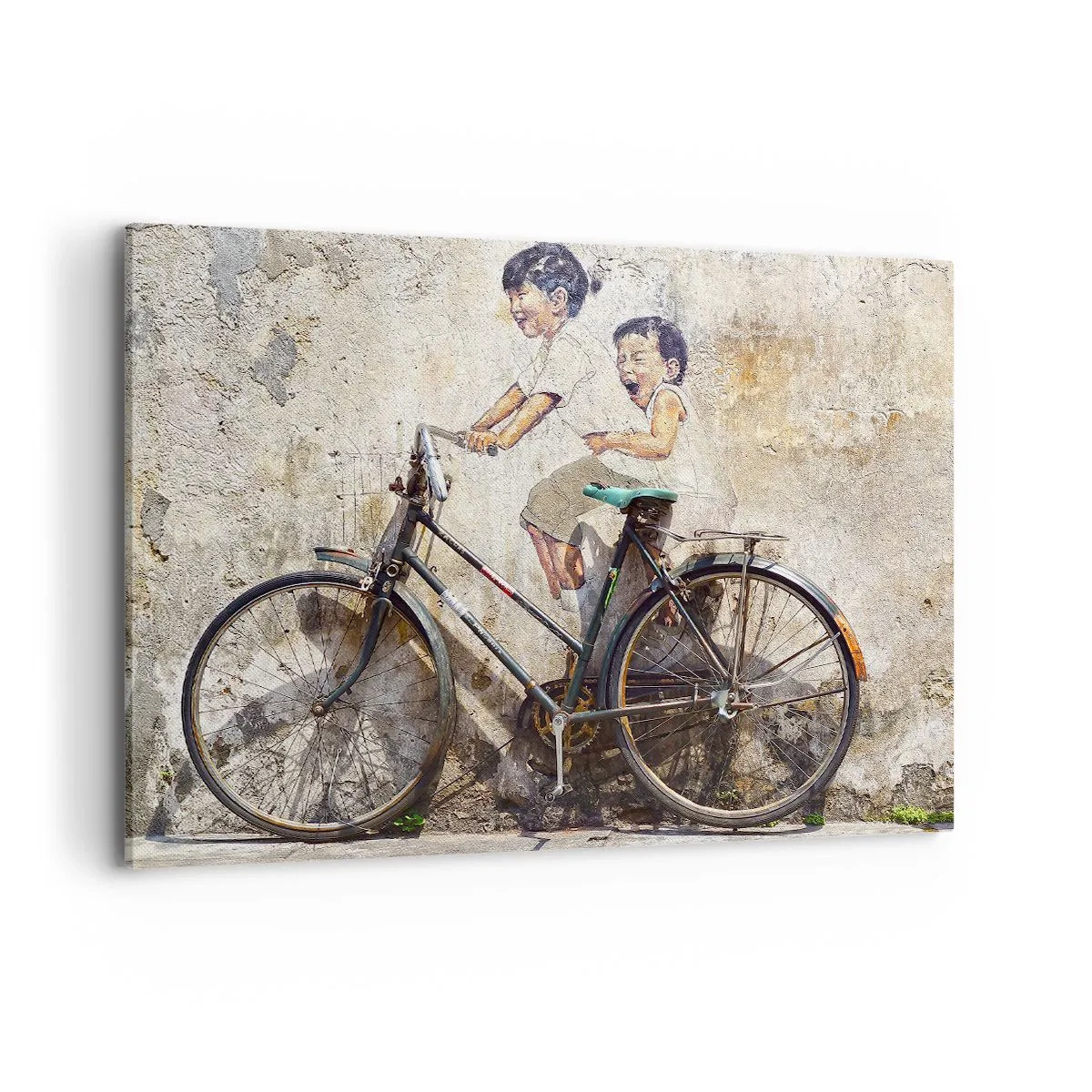 Impression sur toile - Image sur toile - Street art avec un vélo et des dessins d'enfants sur le mur - 100x70cm - Vrai ou faux? - Décoration murale moderne pour le salon et la chambre ARTTOR