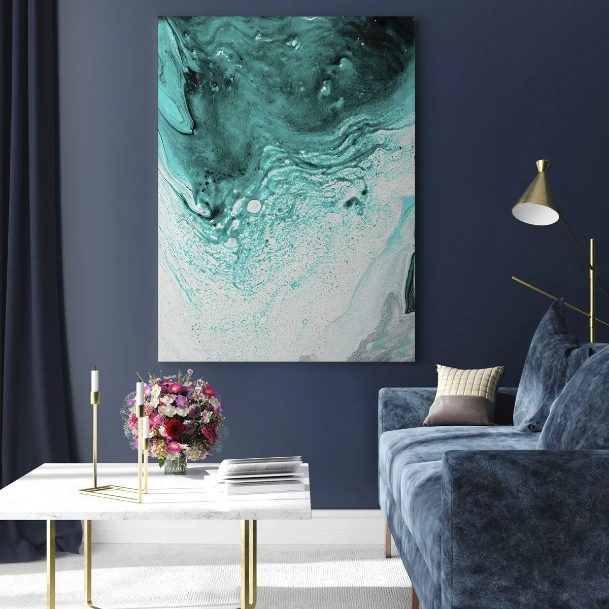 Impression sur verre - Image sur verre - Composition abstraite dans des tons turquoise sur fond blanc - 80x120cm - Se fondre dans le bleu et le turquoise - Décoration murale moderne pour le salon et la chambre ARTTOR