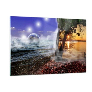 Impression sur verre - Image sur verre - Un paysage fantastique avec la mer et une planète - 120x80cm - Paysage surréaliste - unité de la nature - Décoration murale moderne pour le salon et la chambre ARTTOR