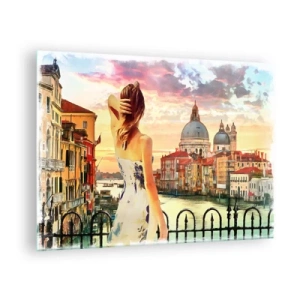 Impression sur verre - Image sur verre - Une femme admire la vue de Venise au coucher du soleil. - 70x50cm - Pour une aventure c'est uniquement dans ... - Décoration murale moderne pour le salon et la chambre ARTTOR