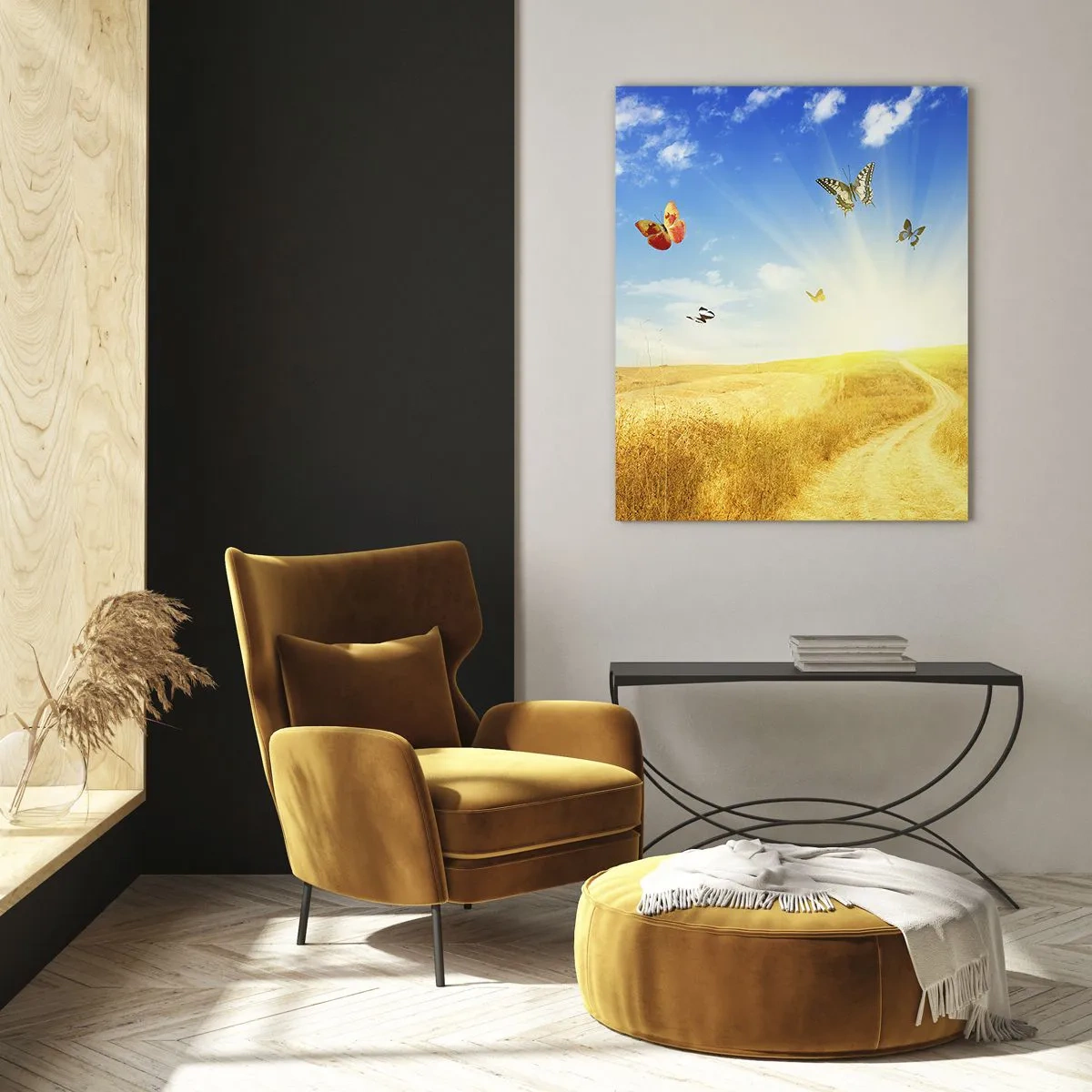 Impression sur verre - Image sur verre - Papillons planant au-dessus d'un chemin de terre au lever du soleil - 50x70cm - Et comment ne pas aimer l'été ? - Décoration murale moderne pour le salon et la chambre ARTTOR