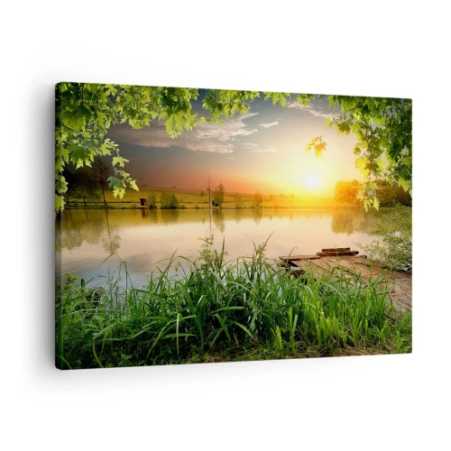 Impression sur toile - Image sur toile - Paysage verdoyant avec un lac au coucher du soleil - 70x50cm - Paysage dans un cadre verdoyant - Décoration murale moderne pour le salon et la chambre ARTTOR