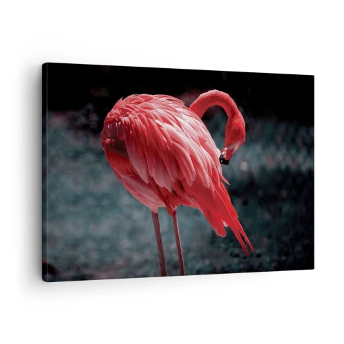 Impression sur toile - Image sur toile - Un flamant rose sur fond vert foncé - 70x50cm - Poème cramoisi de la nature - Décoration murale moderne pour le salon et la chambre ARTTOR