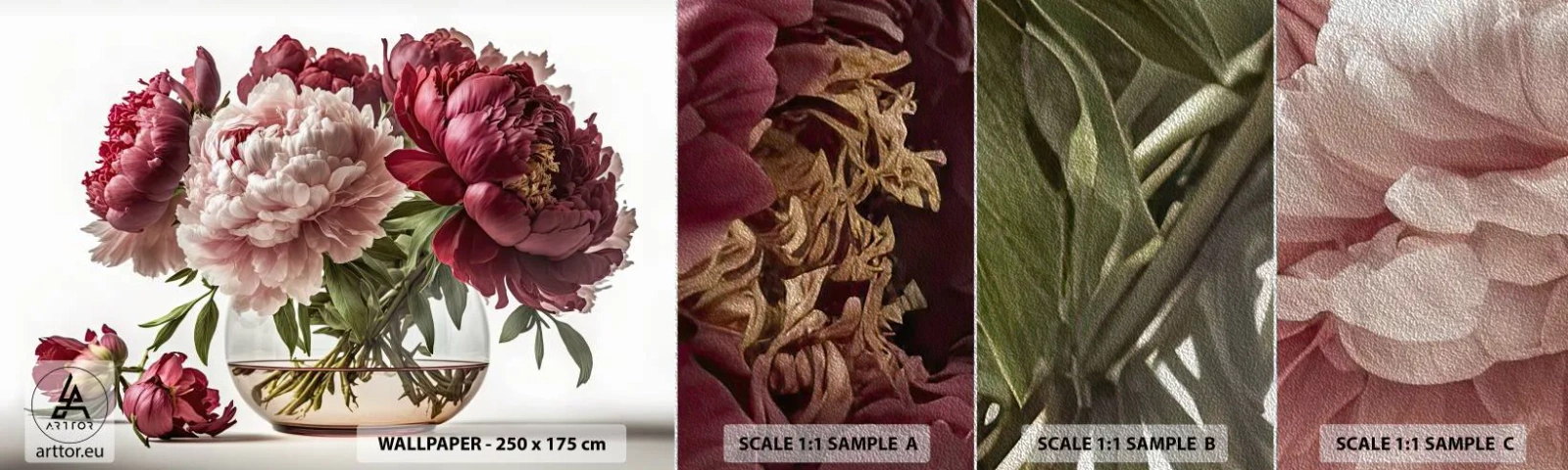 Échantillon de Papier Peint Premium Sand - En pleine floraison de beauté - Bouquet de fleurs, Vase, Pivoines - 100x30 cm