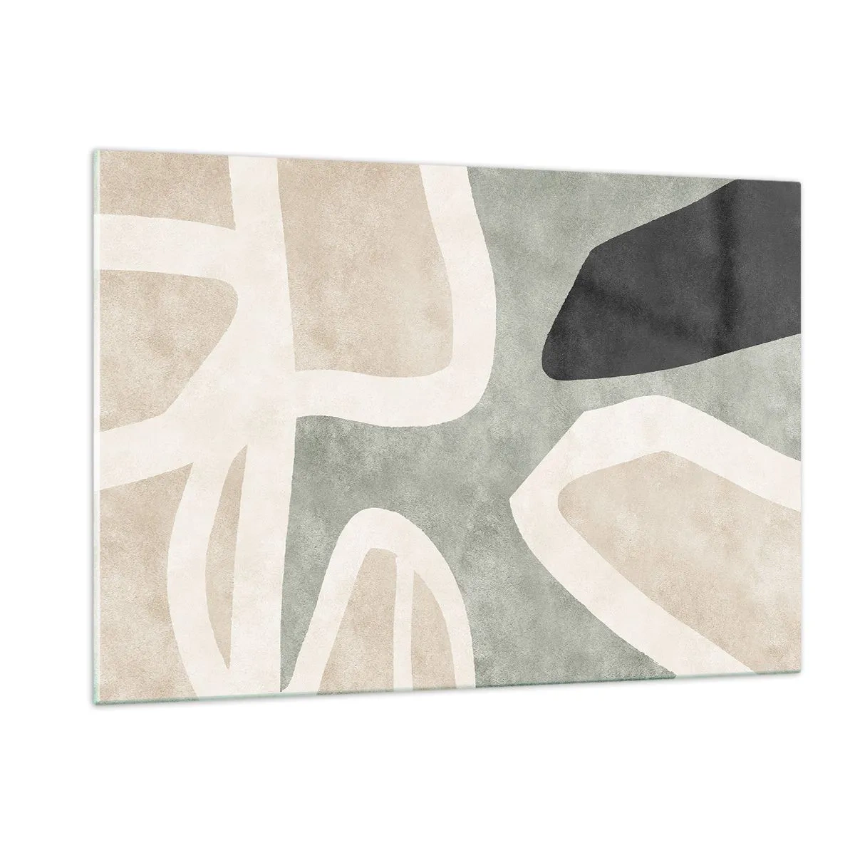 Impression sur verre - Image sur verre - Formes abstraites en beige et vert avec une touche de noir - 120x80cm - Composition pour motif noir - Décoration murale moderne pour le salon et la chambre ARTTOR