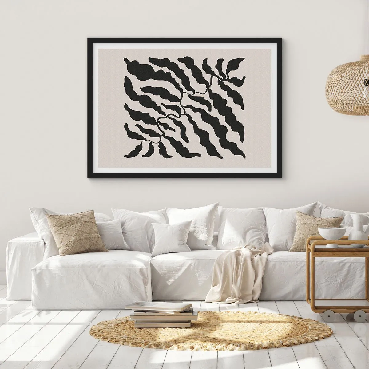 Affiche dans un cadre noir - Poster - Brindilles avec des feuilles noires sur fond clair - 70x50cm - La nature du carré - Décoration murale moderne pour le salon et la chambre ARTTOR