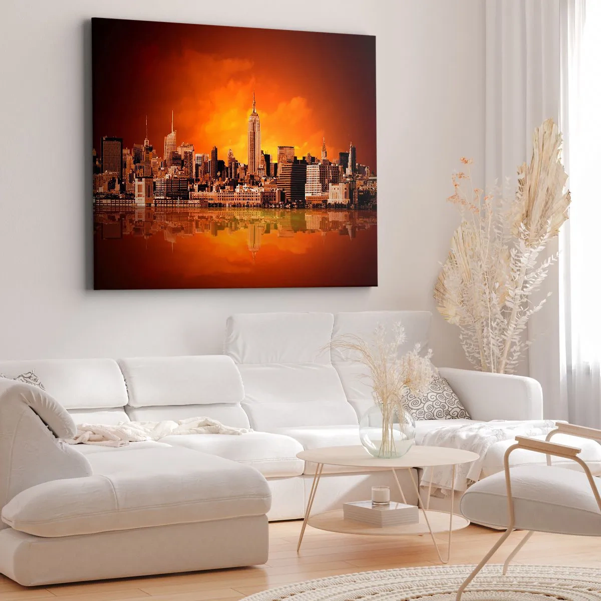 Impression sur toile - Image sur toile - Panorama de la ville au coucher du soleil avec les bâtiments se reflétant dans l'eau - 120x80cm - Panorama de grande ville en jaune et bronze - Décoration murale moderne pour le salon et la chambre ARTTOR