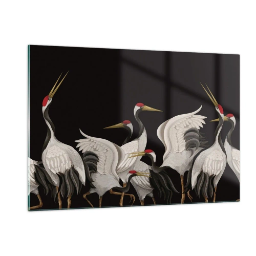 Impression sur verre - Image sur verre - Grues blanches à têtes rouges sur fond noir - 120x80cm - Histoire d'oiseaux - Décoration murale moderne pour le salon et la chambre ARTTOR