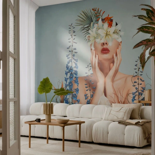 Papier Peint Photo Premium Sand - Portrait d'une femme entourée de fleurs dans une composition artistique - 100x70cm - Femme - fleur - Décoration murale moderne pour le salon et la chambre ARTTOR