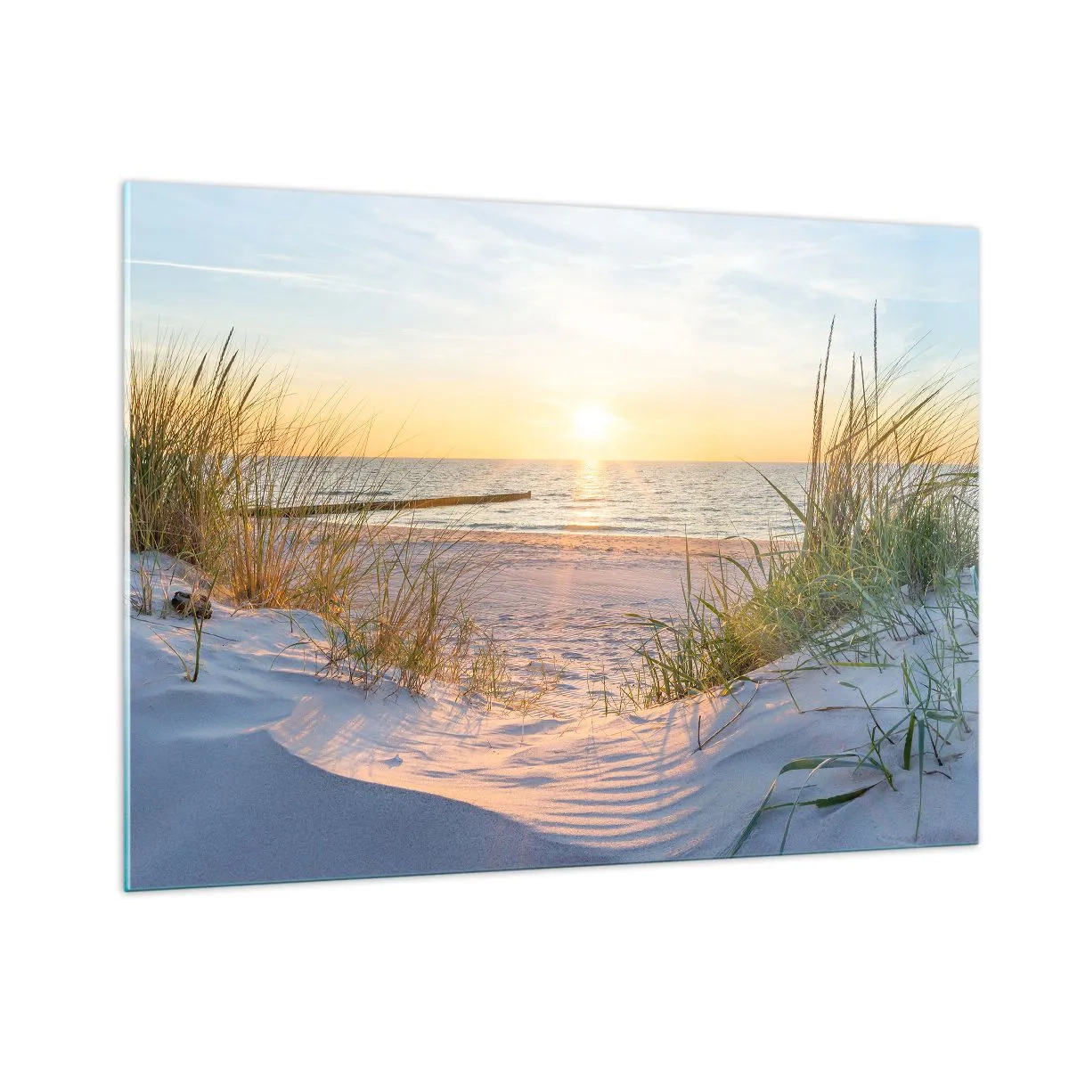 Impression sur verre - Image sur verre - Plage au coucher du soleil avec vue sur la mer et les herbes des dunes - 100x70cm - Le bruit de la mer, le chant des oiseaux, une plage sauvage parmi les herbes… - Décoration murale moderne pour le salon et la cham