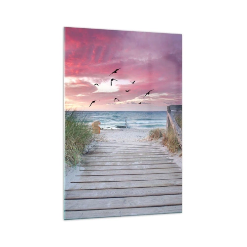 Impression sur verre - Image sur verre - Chemin en bois sur la plage au coucher du soleil rose - 70x100cm - Impression de la Baltique - Décoration murale moderne pour le salon et la chambre ARTTOR