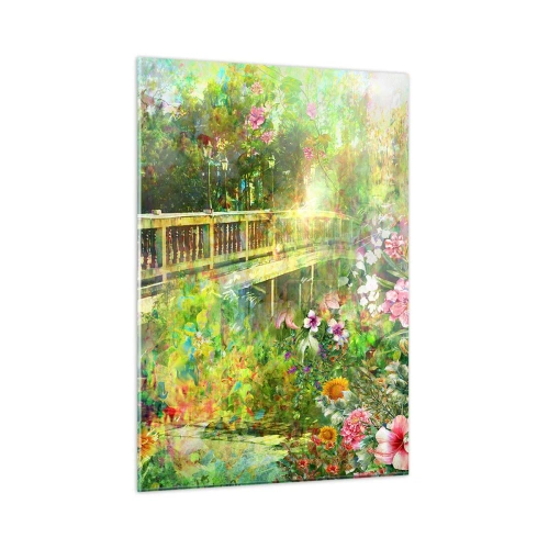 Impression sur verre - Image sur verre - Un pont entouré d'une végétation luxuriante et de fleurs colorées - 50x70cm - Le soupire d'un pont de printemps - Décoration murale moderne pour le salon et la chambre ARTTOR
