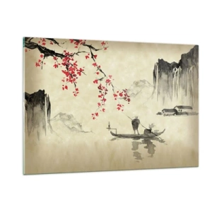 Impression sur verre - Image sur verre - Scène de pêche orientale avec branche de cerisier en fleurs et montagnes - 120x80cm - Au pays des cerisiers en fleurs - Décoration murale moderne pour le salon et la chambre ARTTOR