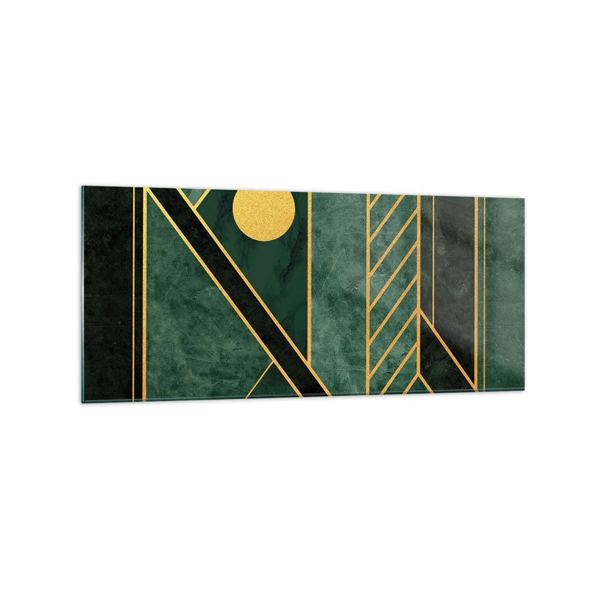 Impression sur verre - Image sur verre - Design géométrique vert et or avec un motif élégant - 120x50cm - Dynamique or et azur - Décoration murale moderne pour le salon et la chambre ARTTOR