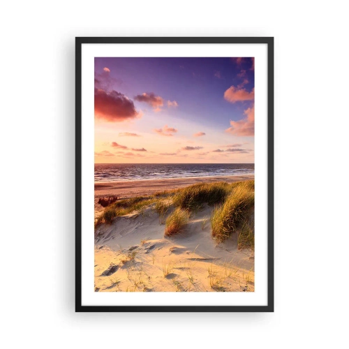 Affiche dans un cadre noir - Poster - Plage avec dunes et soleil couchant - 50x70cm - L'air sent déjà l'été - Décoration murale moderne pour le salon et la chambre ARTTOR