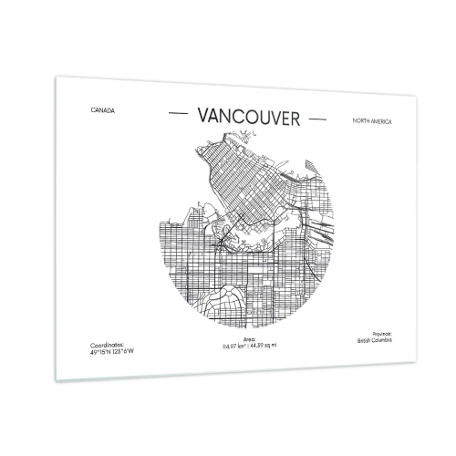 Impression sur verre - Image sur verre - Carte routière en noir et blanc de Vancouver - 70x50cm - Anatomie de Vancouver - Décoration murale moderne pour le salon et la chambre ARTTOR