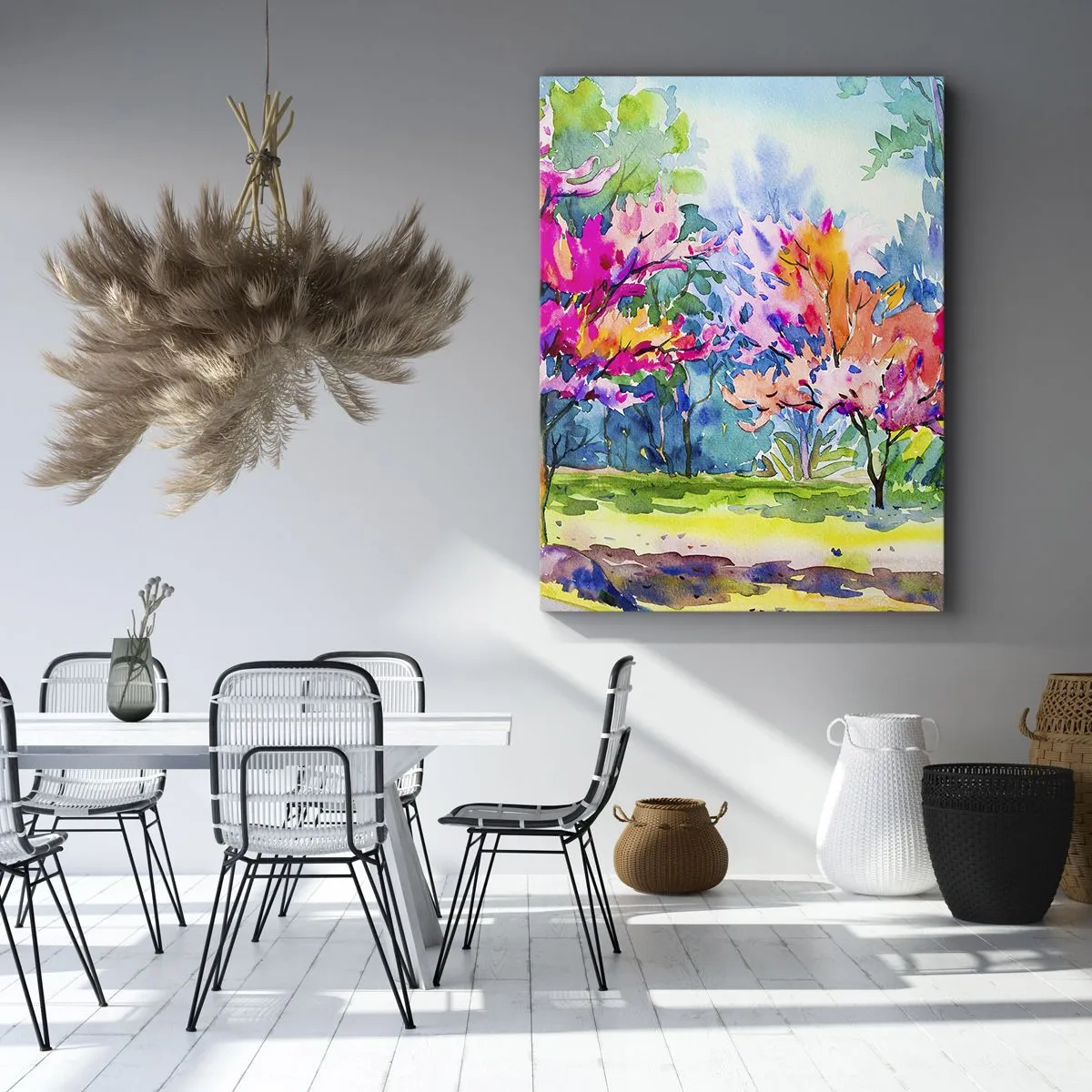 Impression sur toile - Image sur toile - Arbres colorés dans un parc dans un style aquarelle - 50x70cm - Jardin arc-en-ciel à la lumière du printemps - Décoration murale moderne pour le salon et la chambre ARTTOR