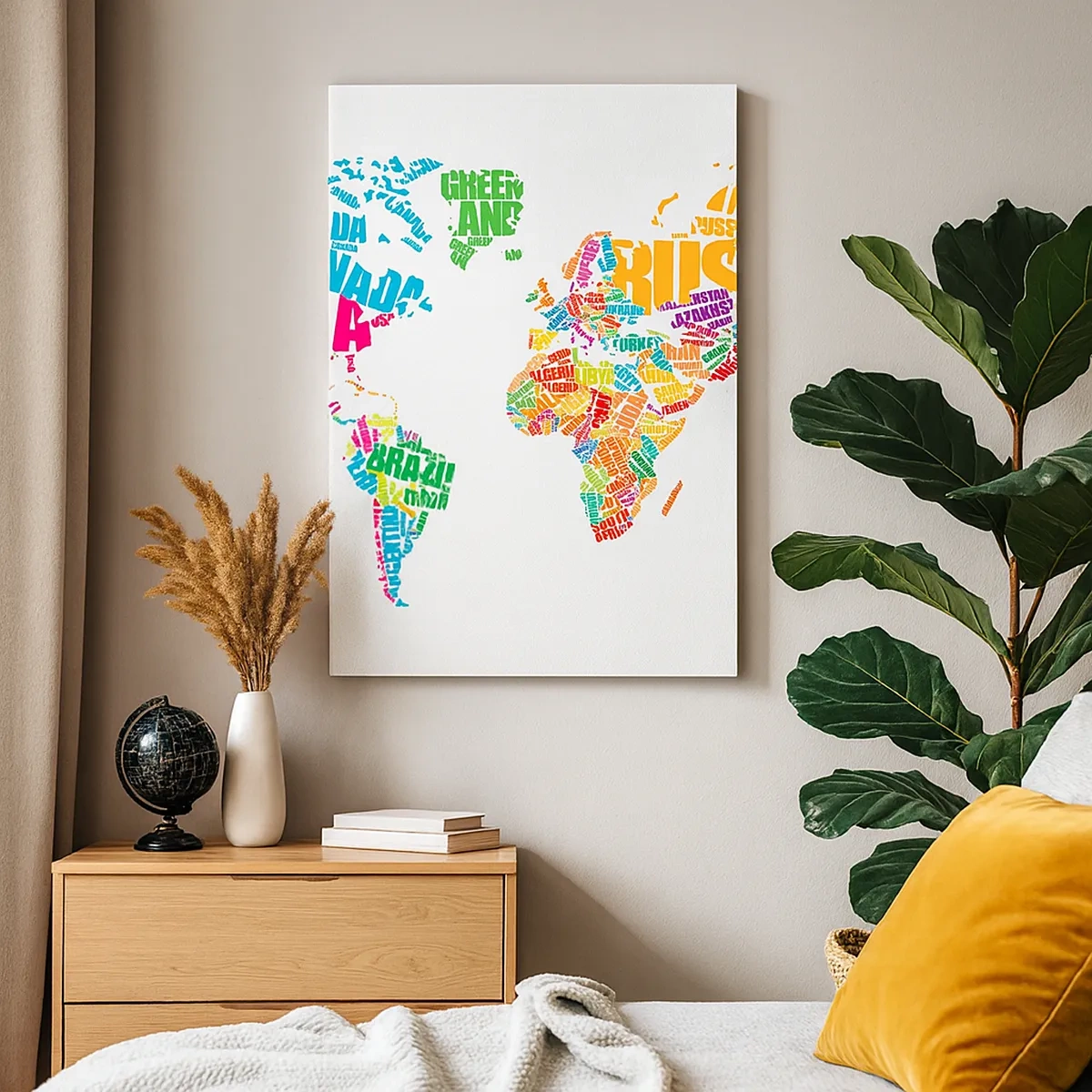 Impression sur toile - Image sur toile - Carte du monde colorée avec les noms des pays - 50x70cm - je veux tous les rencontrer - Décoration murale moderne pour le salon et la chambre ARTTOR
