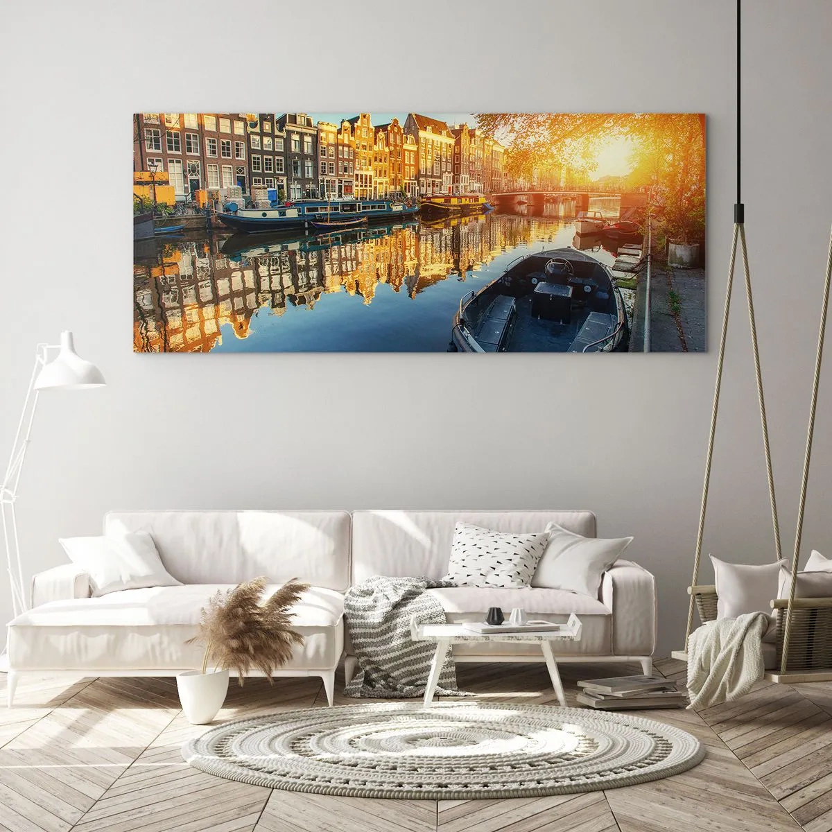 Impression sur verre - Image sur verre - Canal d'Amsterdam au coucher du soleil - 120x50cm - Début de journée à Amsterdam - Décoration murale moderne pour le salon et la chambre ARTTOR