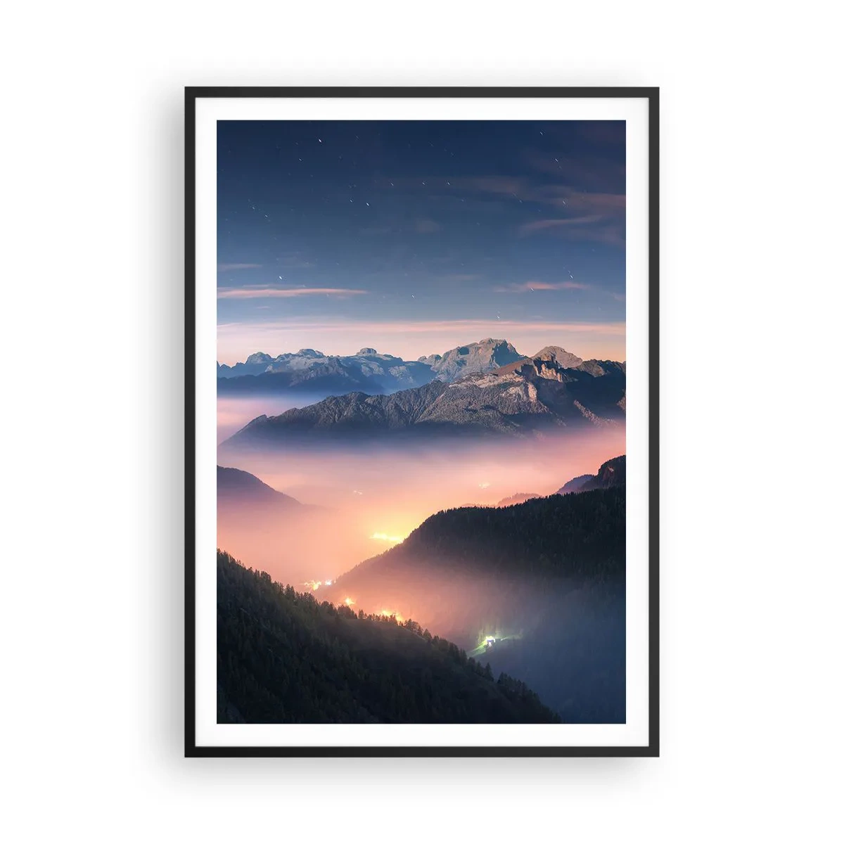 Affiche dans un cadre noir - Poster - Lumière dans les vallées - 70x100 cm