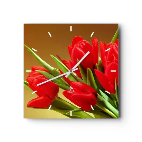 Horloge murale - Pendule murale - Un bouquet de tulipes rouges sur fond doré avec des feuilles vertes. - 30x30cm - Amas de joie printanière - Décoration murale moderne pour le salon et la chambre ARTTOR